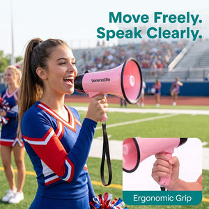 Serenelife 20W Rechargeable Megaphone With Mic, Music & Siren Modes, Usb-C Charging, Ergonomic Foldable Handle (Pink)