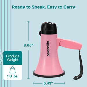 Serenelife 20W Rechargeable Megaphone With Mic, Music & Siren Modes, Usb-C Charging, Ergonomic Foldable Handle (Pink)