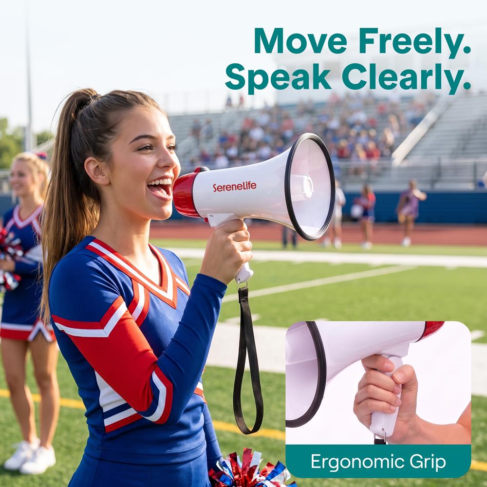 Serenelife 20W Rechargeable Megaphone With Mic, Music & Siren Modes, Usb-C Charging, Ergonomic Foldable Handle (Red)