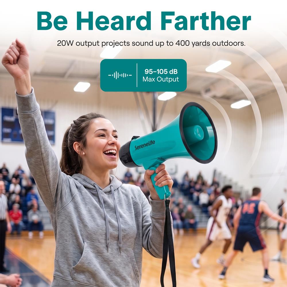 Serenelife 20W Rechargeable Megaphone With Mic, Music & Siren Modes, Usb-C Charging, Ergonomic Foldable Handle (Teal)