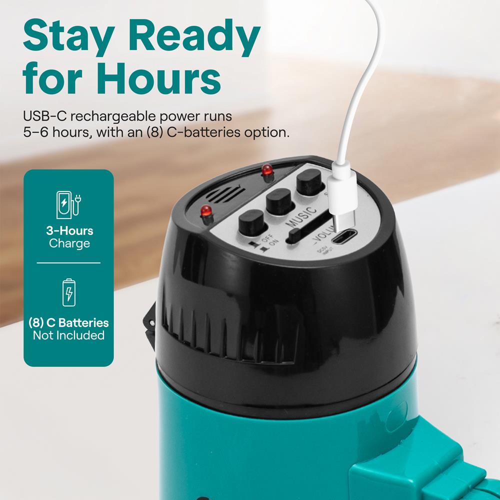 Serenelife 20W Rechargeable Megaphone With Mic, Music & Siren Modes, Usb-C Charging, Ergonomic Foldable Handle (Teal)