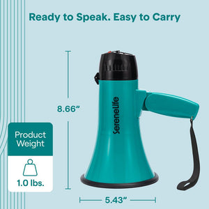Serenelife 20W Rechargeable Megaphone With Mic, Music & Siren Modes, Usb-C Charging, Ergonomic Foldable Handle (Teal)