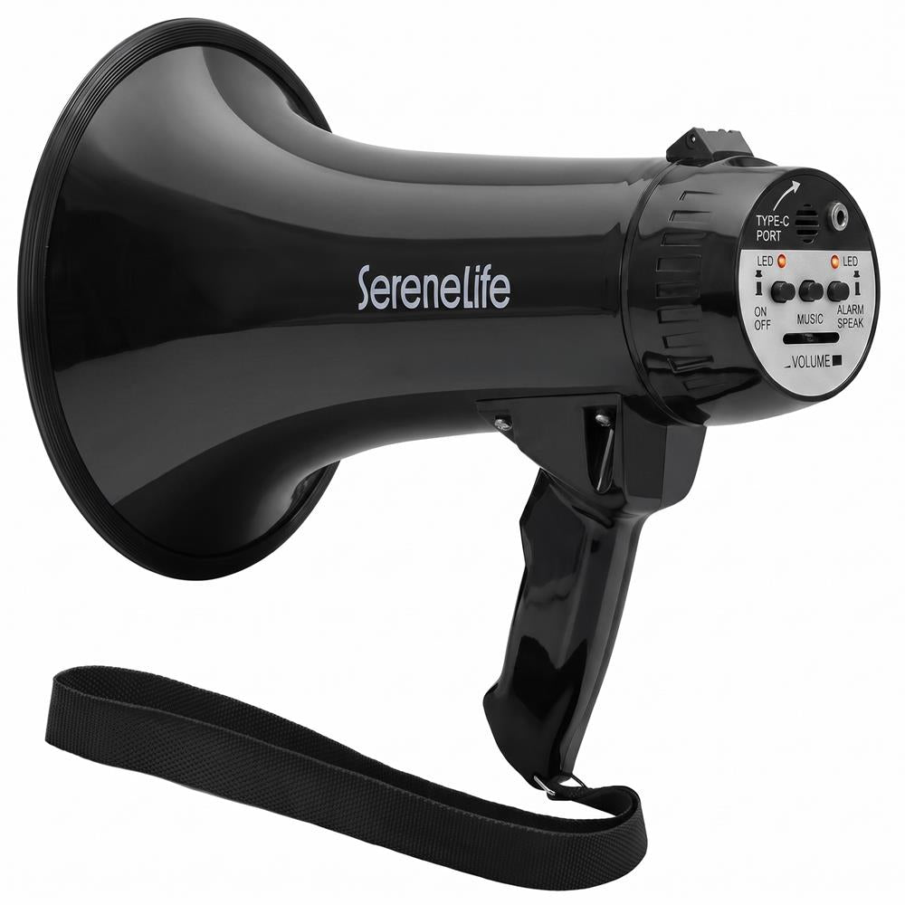 Serenelife 43W  Rechargeable Megaphone With External Mic, Built-In Music & Siren Modes, Aux, Usb-C Charging, Ergonomic Handle (Black)
