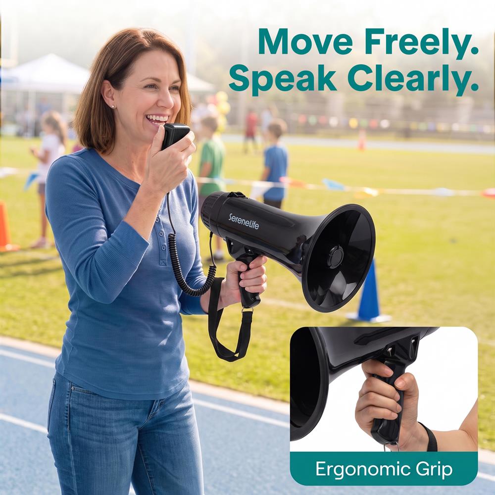 Serenelife 43W  Rechargeable Megaphone With External Mic, Built-In Music & Siren Modes, Aux, Usb-C Charging, Ergonomic Handle (Black)