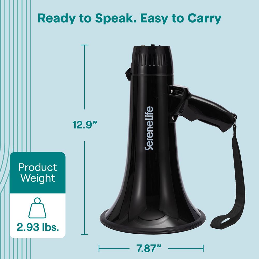 Serenelife 43W  Rechargeable Megaphone With External Mic, Built-In Music & Siren Modes, Aux, Usb-C Charging, Ergonomic Handle (Black)