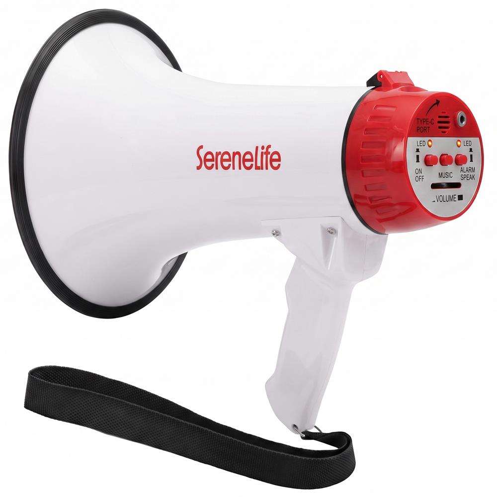 Serenelife 43W Rechargeable Megaphone With External Mic, Built-In Music & Siren Modes, Aux, Usb-C Charging, Ergonomic Handle (Red)
