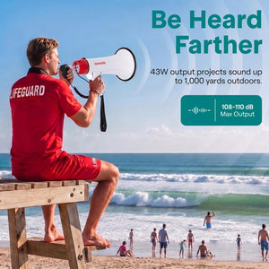 Serenelife 43W Rechargeable Megaphone With External Mic, Built-In Music & Siren Modes, Aux, Usb-C Charging, Ergonomic Handle (Red)