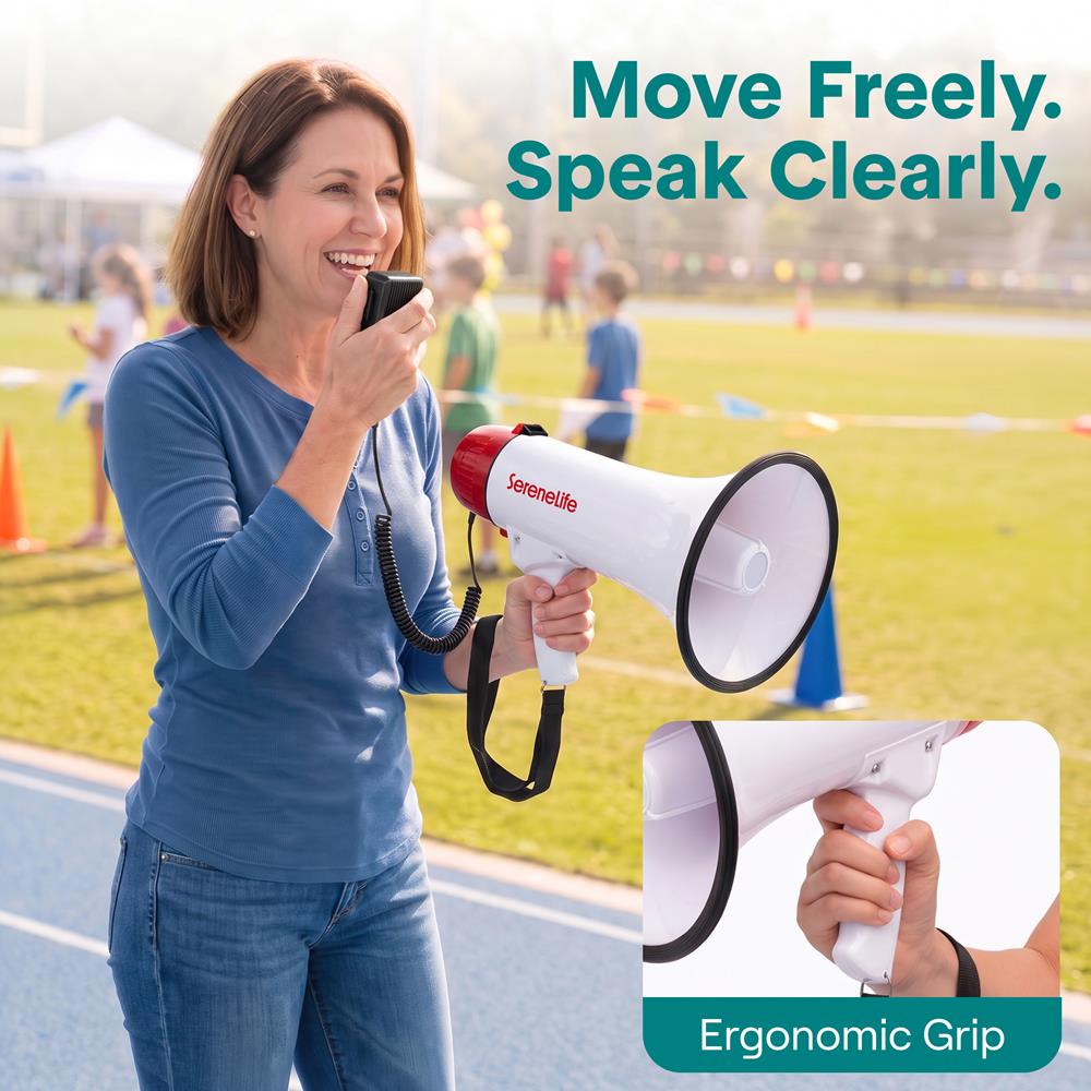 Serenelife 43W Rechargeable Megaphone With External Mic, Built-In Music & Siren Modes, Aux, Usb-C Charging, Ergonomic Handle (Red)