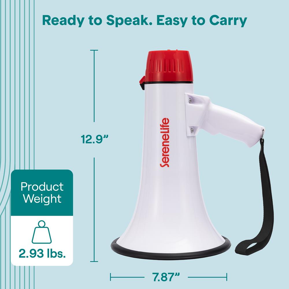 Serenelife 43W Rechargeable Megaphone With External Mic, Built-In Music & Siren Modes, Aux, Usb-C Charging, Ergonomic Handle (Red)