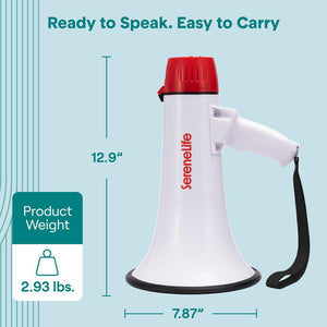 Serenelife 43W Rechargeable Megaphone With External Mic, Built-In Music & Siren Modes, Aux, Usb-C Charging, Ergonomic Handle (Red)
