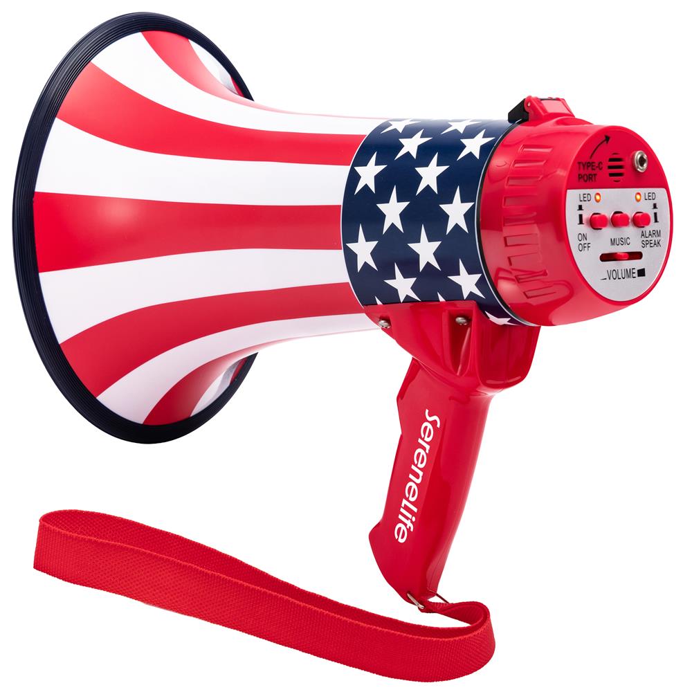 Serenelife 43W Rechargeable Megaphone With External Mic, Built-In Music & Siren Modes, Aux, Usb-C Charging, Ergonomic Handle