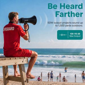 Serenelife 50W Rechargeable Megaphone With Wired Mic, Built-In Siren Modes, Aux, Usb-C Charging, Ergonomic Handle (Black)