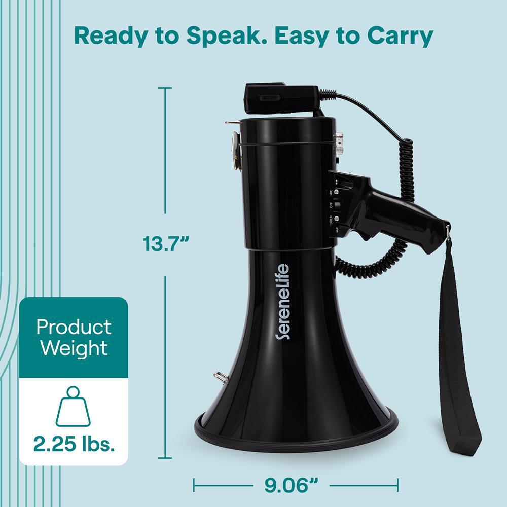 Serenelife 50W Rechargeable Megaphone With Wired Mic, Built-In Siren Modes, Aux, Usb-C Charging, Ergonomic Handle (Black)
