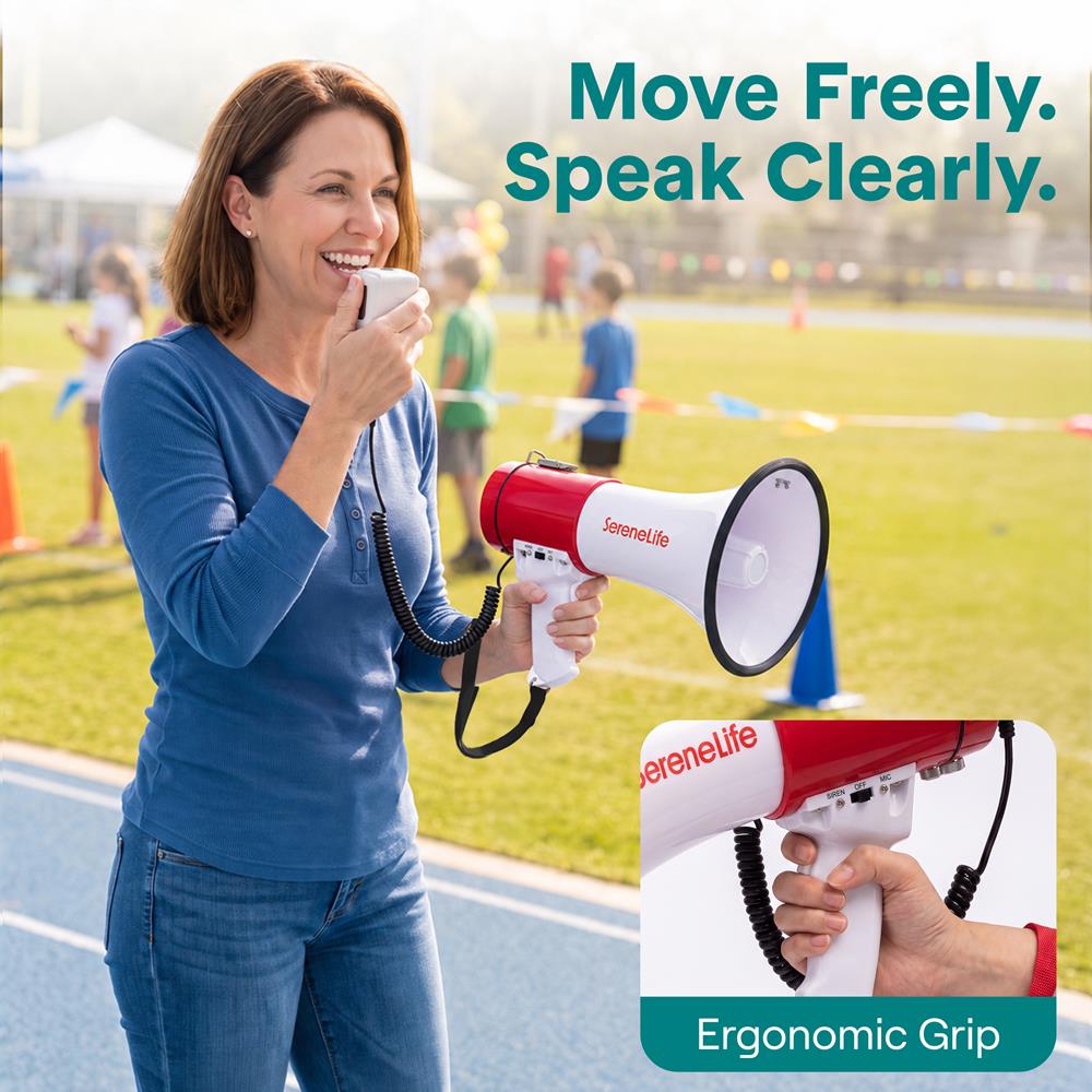 Serenelife 50W Rechargeable Megaphone With Wired Mic, Built-In Siren Modes, Aux, Usb-C Charging, Ergonomic Handle (Red)