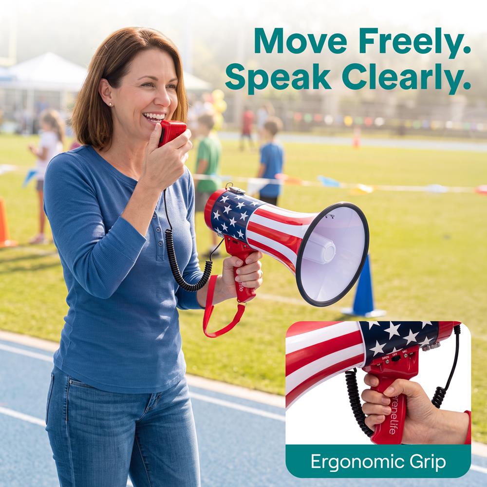 Serenelife 50W Rechargeable Megaphone With Wired Mic, Built-In Siren Modes, Aux, Usb-C Charging, Ergonomic Handle