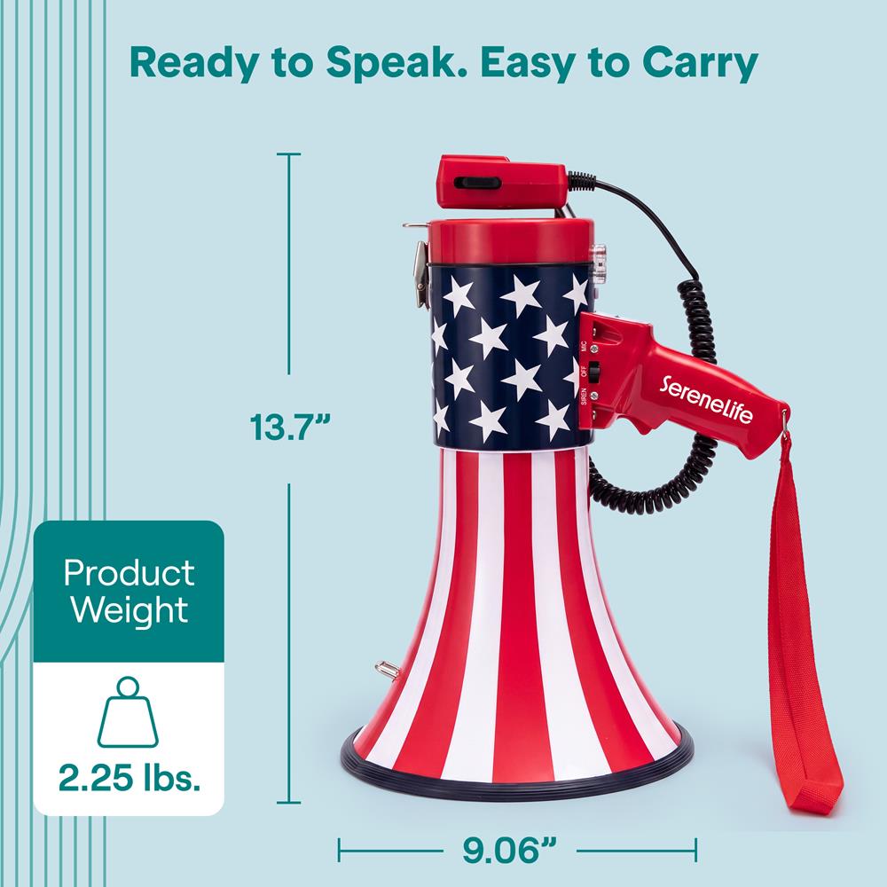 Serenelife 50W Rechargeable Megaphone With Wired Mic, Built-In Siren Modes, Aux, Usb-C Charging, Ergonomic Handle