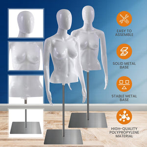 Female Mannequin Torso - Adjustable Height And Detachable Arms Dress Form Display W/ Metal Stand And Powder Coating (Glossy White)