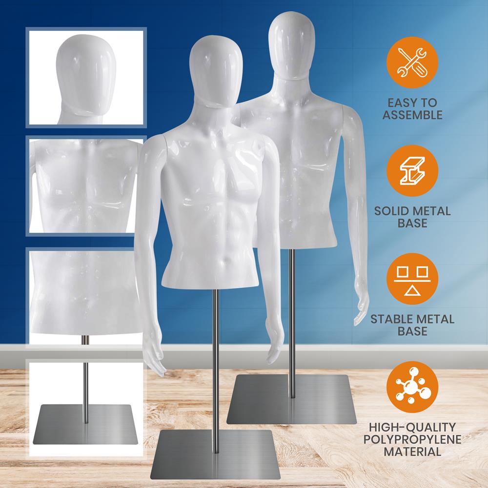 Male Mannequin Torso - Adjustable Height And Detachable Arms Dress Form Display W/ Metal Stand And Powder Coating (Glossy White)