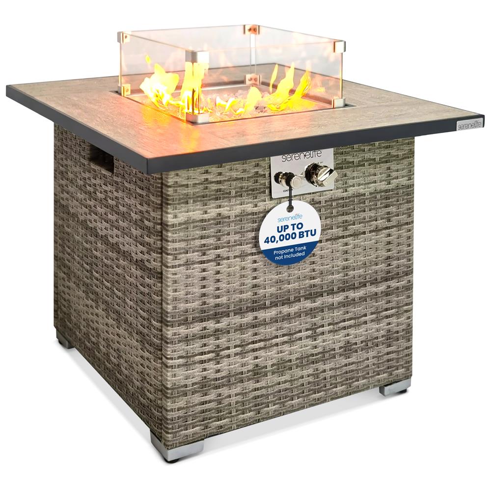 Outdoor Gas Fire Pit Table – 30 Inches Square Wicker Gas Fire Pit With Tile Tabletop & Clear Glass Rocks