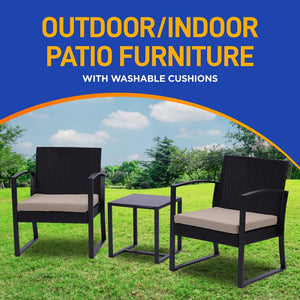 3 Pcs. Patio Outdoor Rattan Furniture Set - Includes 2 Single Chairs With Soft Cushion And 1 Glass-Top Coffee Table