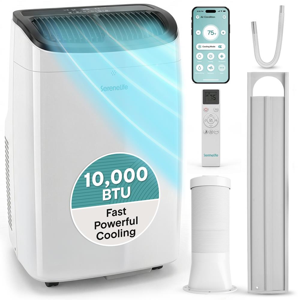 Serenelife Portable Air Conditioner With Wi-Fi Function - 10,000 Btu Cooling (Ashrae), Compact Unit With Dehumidifier & Fan Modes, Includes Window Mount Kit (Gray)