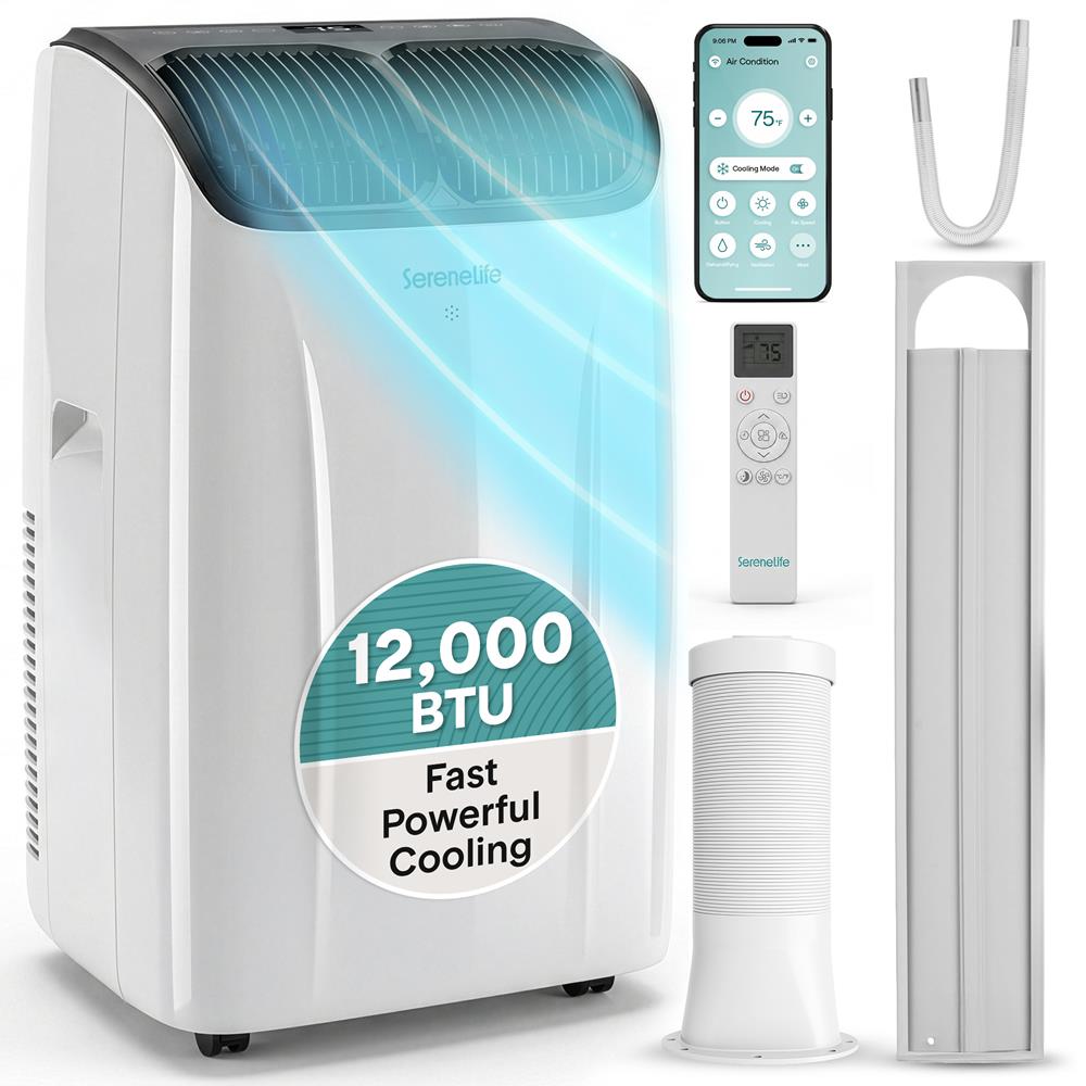 Serenelife Portable Air Conditioner With Wi-Fi Function - 12,000 Btu Cooling (Ashrae), Compact Unit With Dehumidifier & Fan Modes, Includes Window Mount Kit (Gray)