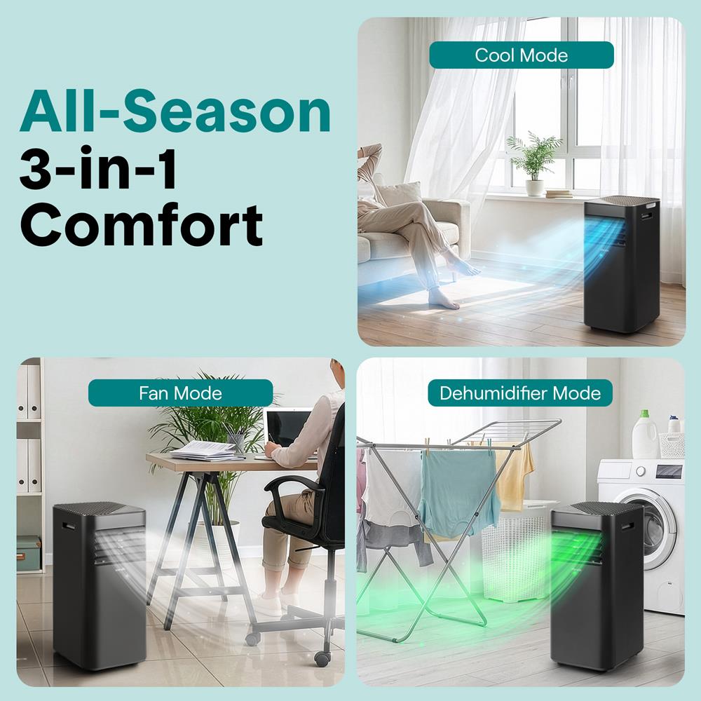 Portable Air Conditioner - 10000 Btu Cooling Capacity (Ashrae) Compact Home A/C Cooling Unit With Built-In Dehumidifier & Fan Modes, Includes Window Mount Kit (Black)