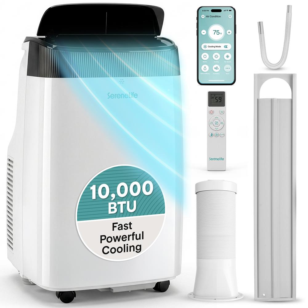 Serenelife Portable Air Conditioner  With Wifi  – 10,000 Btu Compact Home A/C Cooling Unit With Built-In Dehumidifier & Fan Modes, Includes Window Mount Kit (White)