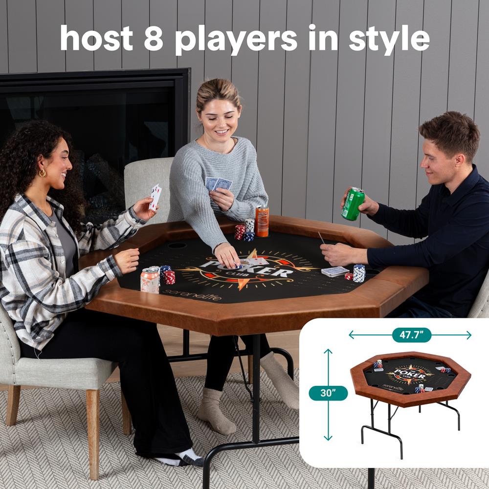Foldable And Portable Octagonal Poker/Casino Game Table With Cushioned Rail, 8 Players