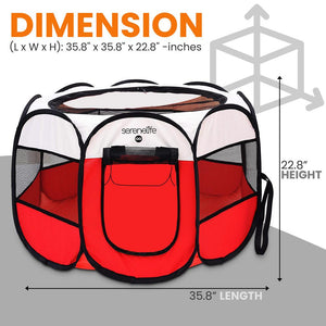 Large Portable And Foldable Pet Tent - Lightweight, Easily Collapsible, Play Yard Crib For Indoor & Outdoor Use With Portable Folding Pet Bowl (Red)