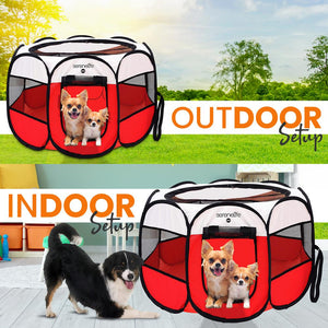 Large Portable And Foldable Pet Tent - Lightweight, Easily Collapsible, Play Yard Crib For Indoor & Outdoor Use With Portable Folding Pet Bowl (Red)