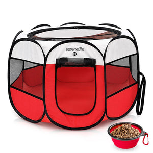 Large Portable And Foldable Pet Tent - Lightweight, Easily Collapsible, Play Yard Crib For Indoor & Outdoor Use With Portable Folding Pet Bowl (Red)