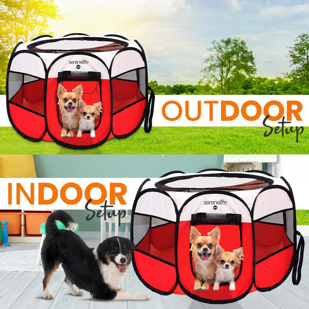 Small Portable And Foldable Pet Tent - Lightweight, Easily Collapsible, Play Yard Crib For Indoor & Outdoor Use With Portable Folding Pet Bowl (Red)