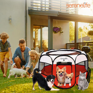 Small Portable And Foldable Pet Tent - Lightweight, Easily Collapsible, Play Yard Crib For Indoor & Outdoor Use With Portable Folding Pet Bowl (Red)