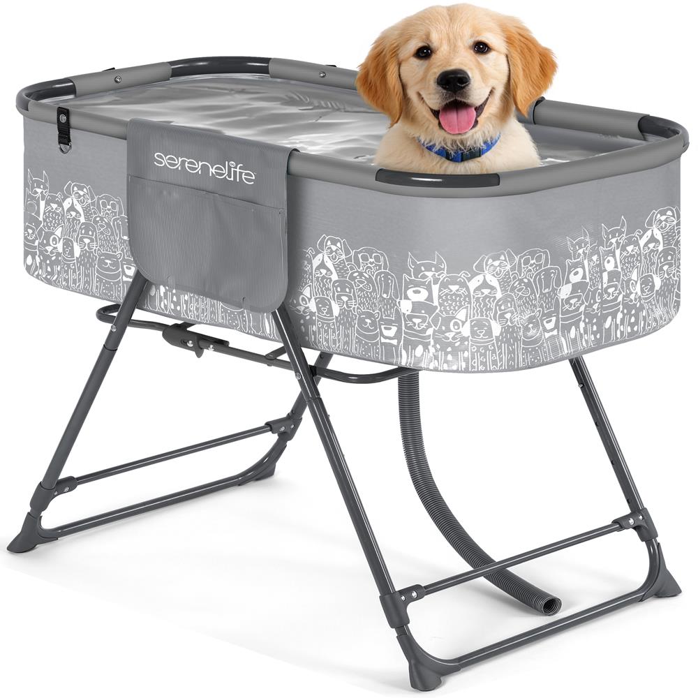 Portable Dog Bath Tub With Two Side Pockets And Built-In Drain System -  Includes Three-Point Leash Restraint (Gray + Black)