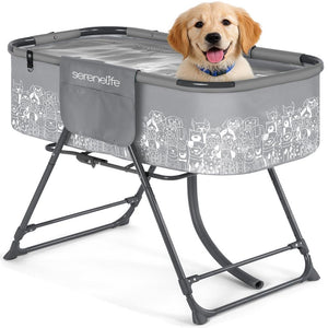 Portable Dog Bath Tub With Two Side Pockets And Built-In Drain System -  Includes Three-Point Leash Restraint (Gray + Black)
