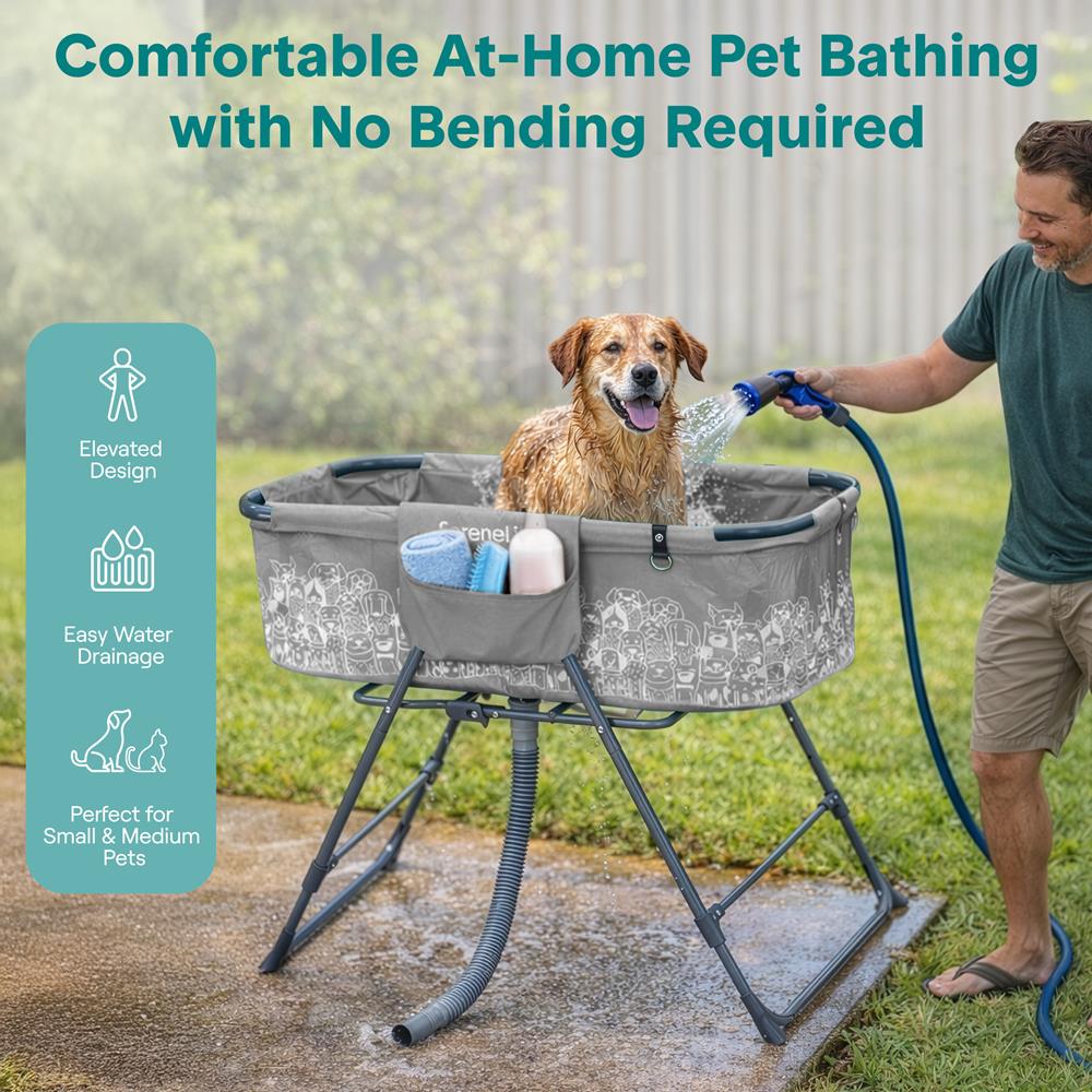 Portable Dog Bath Tub With Two Side Pockets And Built-In Drain System -  Includes Three-Point Leash Restraint (Gray + Black)