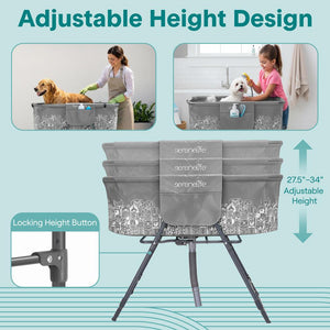 Portable Dog Bath Tub With Two Side Pockets And Built-In Drain System -  Includes Three-Point Leash Restraint (Gray + Black)