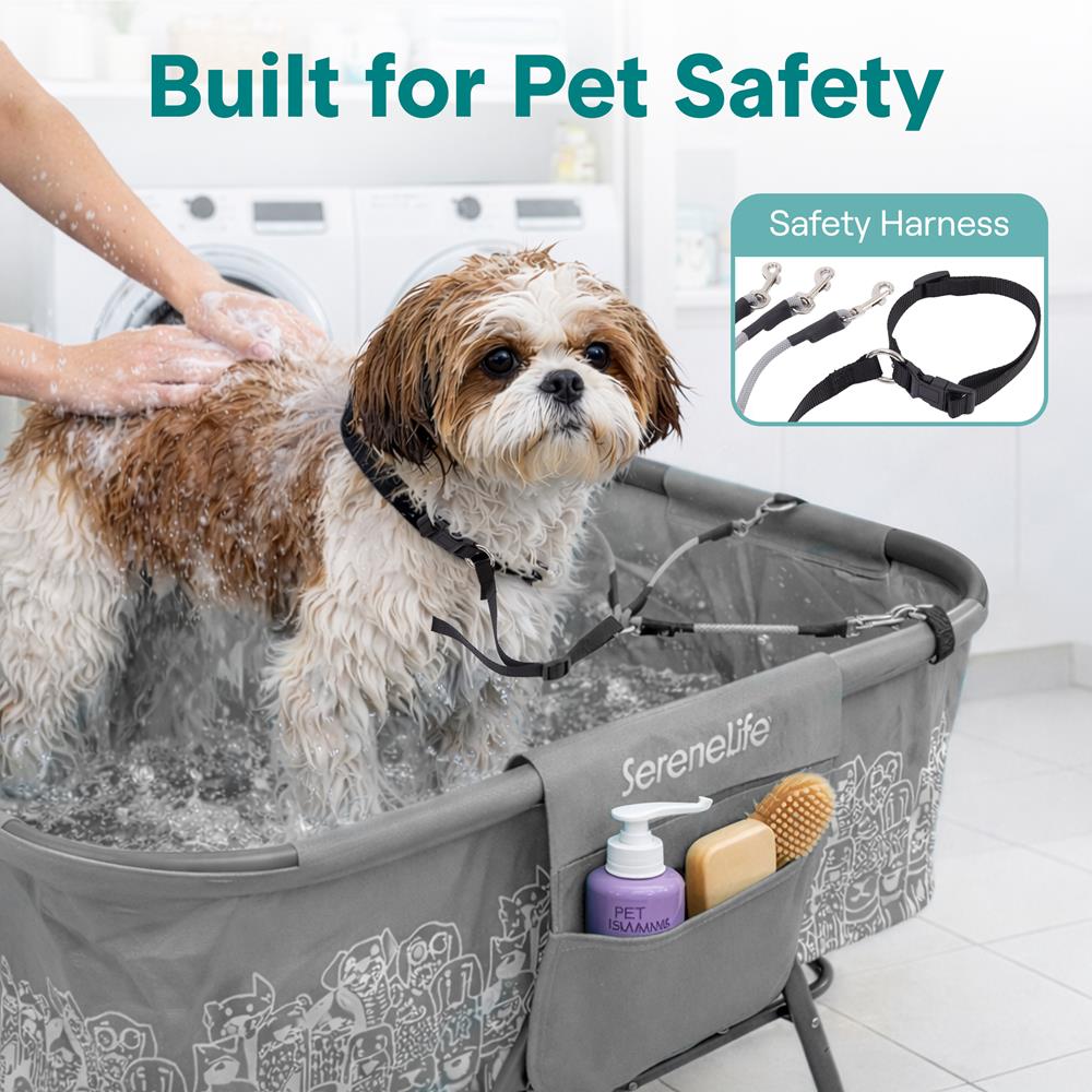 Portable Dog Bath Tub With Two Side Pockets And Built-In Drain System -  Includes Three-Point Leash Restraint (Gray + Black)
