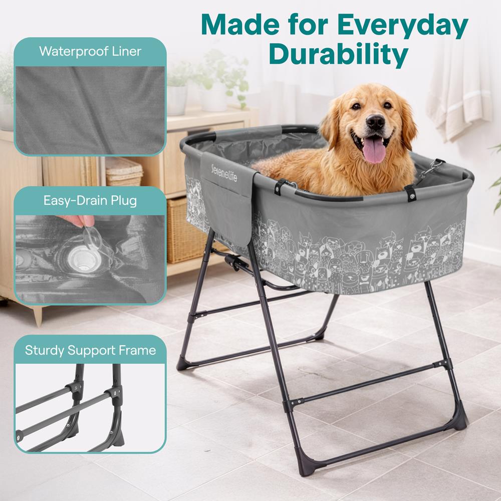 Portable Dog Bath Tub With Two Side Pockets And Built-In Drain System -  Includes Three-Point Leash Restraint (Gray + Black)