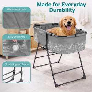 Portable Dog Bath Tub With Two Side Pockets And Built-In Drain System -  Includes Three-Point Leash Restraint (Gray + Black)