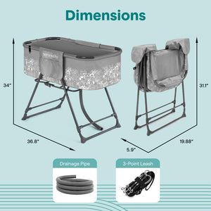 Portable Dog Bath Tub With Two Side Pockets And Built-In Drain System -  Includes Three-Point Leash Restraint (Gray + Black)