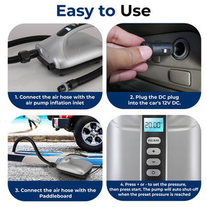 Electric Paddle Board Pump - Fast Inflation, 20 PSI, LCD Display