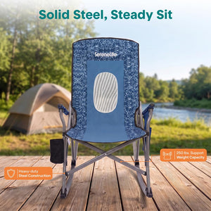 Serenelife High-Back Folding Rocking Chair With Cup Holder, Side Pocket & Carry Bag – Portable, Durable, And Comfortable For Outdoor Use (Blue Camouflage)