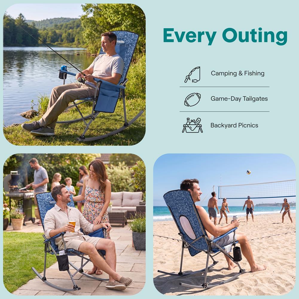 Serenelife High-Back Folding Rocking Chair With Cup Holder, Side Pocket & Carry Bag – Portable, Durable, And Comfortable For Outdoor Use (Blue Camouflage)