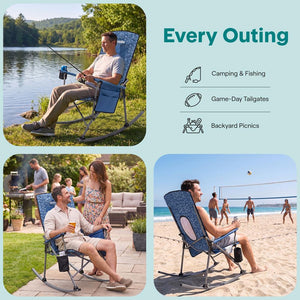 Serenelife High-Back Folding Rocking Chair With Cup Holder, Side Pocket & Carry Bag – Portable, Durable, And Comfortable For Outdoor Use (Blue Camouflage)