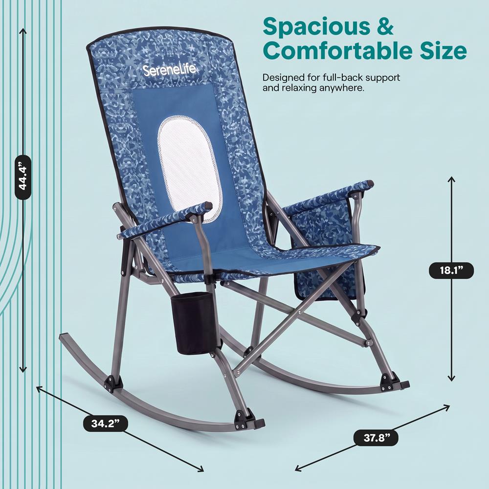 Serenelife High-Back Folding Rocking Chair With Cup Holder, Side Pocket & Carry Bag – Portable, Durable, And Comfortable For Outdoor Use (Blue Camouflage)