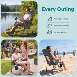 Serenelife High-Back Folding Rocking Chair With Cup Holder, Side Pocket & Carry Bag – Portable, Durable, And Comfortable For Outdoor Use (Green Camouflage)