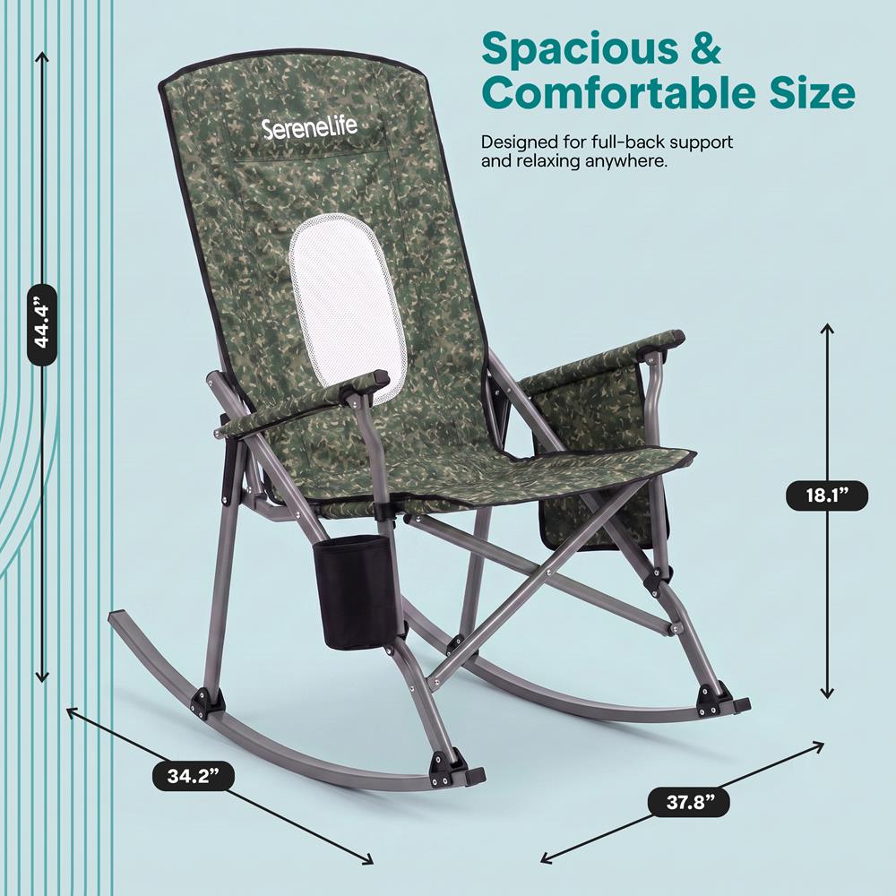 Serenelife High-Back Folding Rocking Chair With Cup Holder, Side Pocket & Carry Bag – Portable, Durable, And Comfortable For Outdoor Use (Green Camouflage)