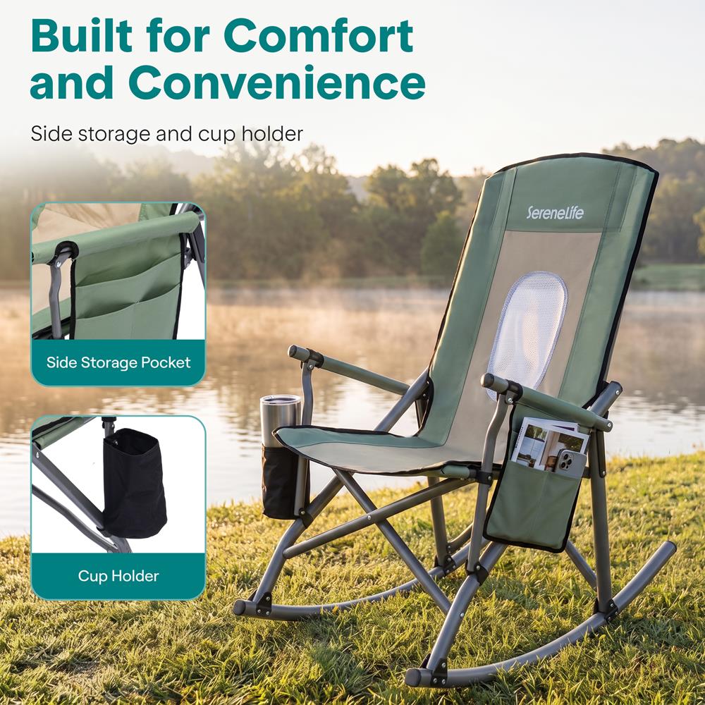 Serenelife High-Back Folding Rocking Chair With Cup Holder, Side Pocket & Carry Bag – Portable, Durable, And Comfortable For Outdoor Use (Green)